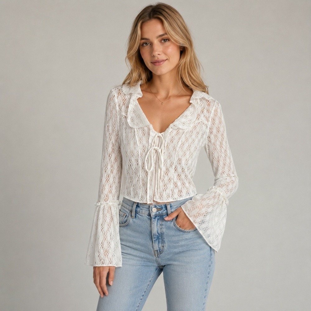 Urban Outfitters Lace Tie Front Bell Sleeve Top White M Boho Coquette Fairy Y2K